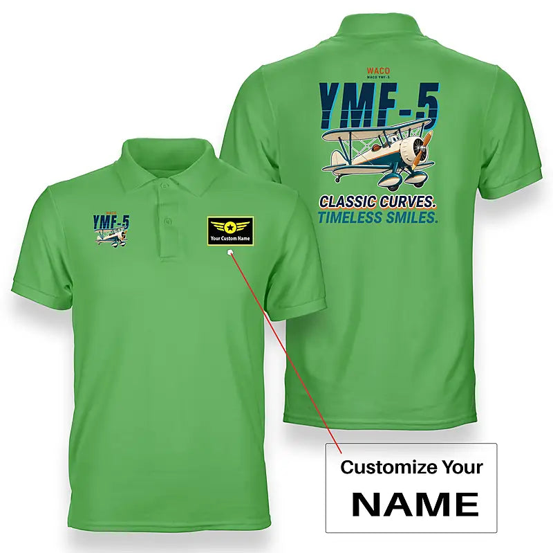 Waco YMF-5 - Cartoon - Double-Side Polo - Light Green + Name