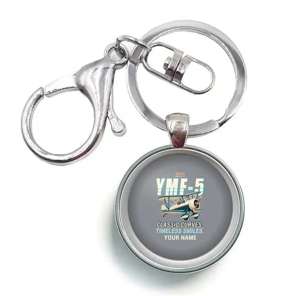 Waco YMF-5 - Cartoon + Name - Circle Key Chain - Gray