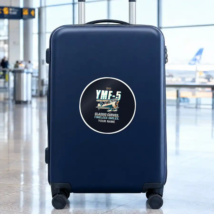 Waco YMF-5 - Cartoon + Name - Circle Sticker - Suitcase