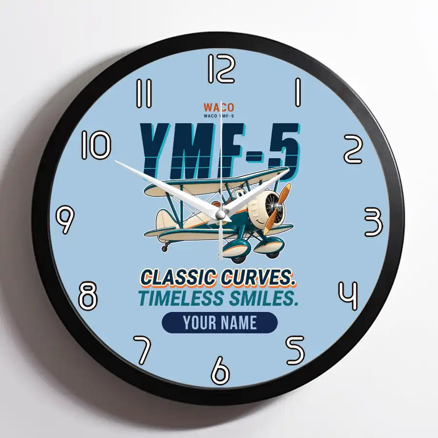 Waco YMF-5 - Cartoon + Name - Framed - Light Blue