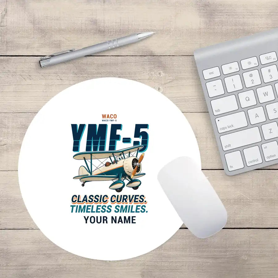 Waco YMF-5 - Cartoon + Name - Round Mouse Pad - White