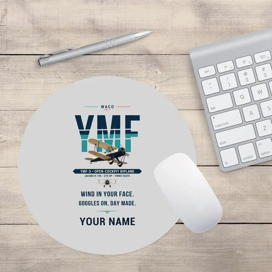 Waco YMF-5 - Original + Name - Round Mouse Pad - Light Gray