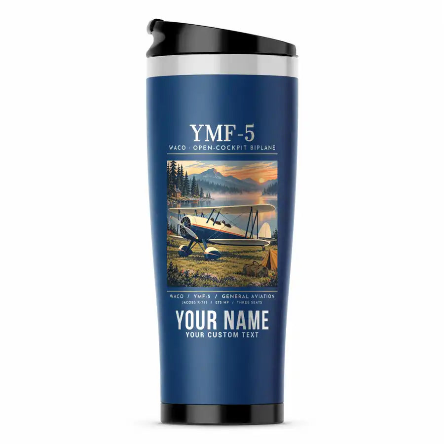 Waco YMF-5 - Poster + Name - Stainless Steel (No Holder) - Blue