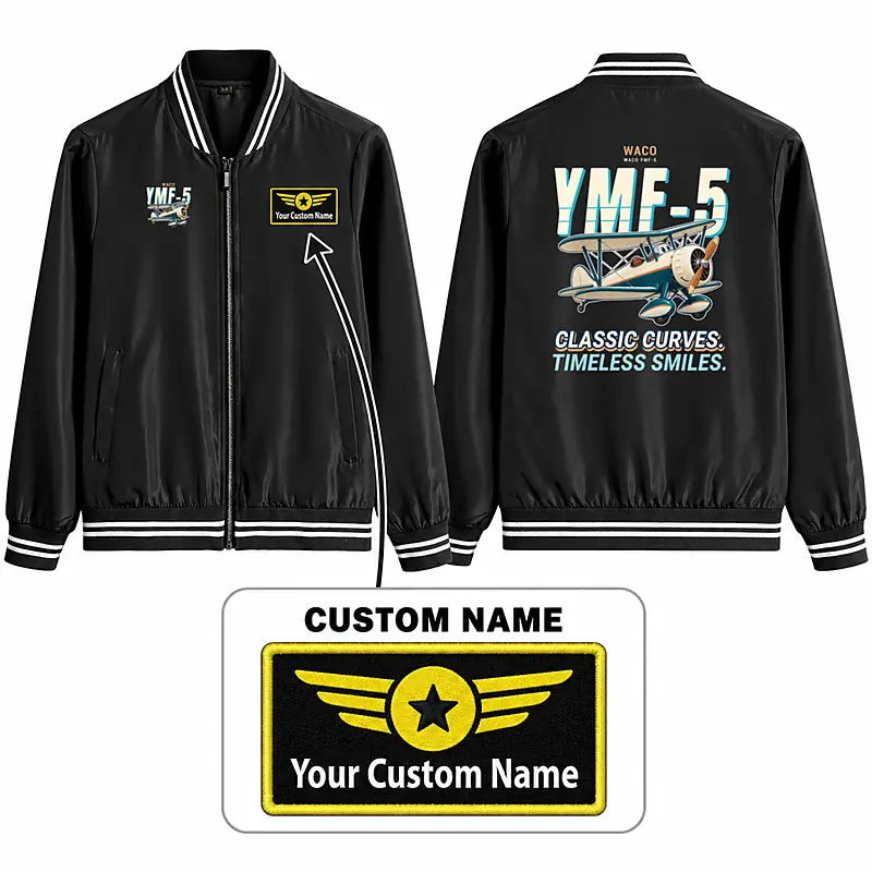 Waco YMF-5 Stylish Jackets - Baseball Collar - Cartoon + Name - Black