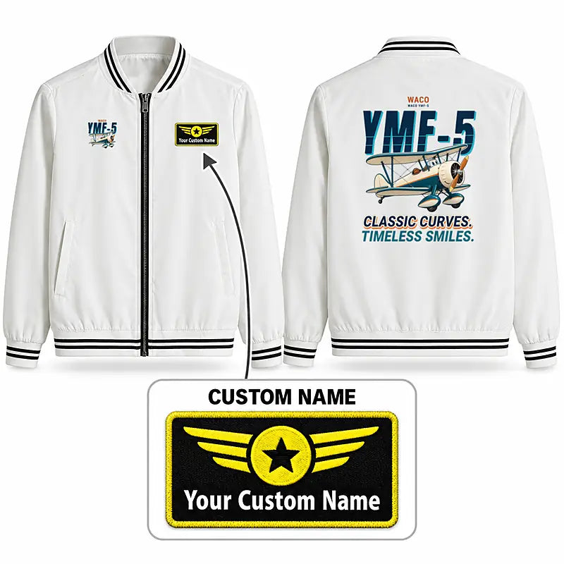 Waco YMF-5 Stylish Jackets - Baseball Collar - Cartoon + Name - White