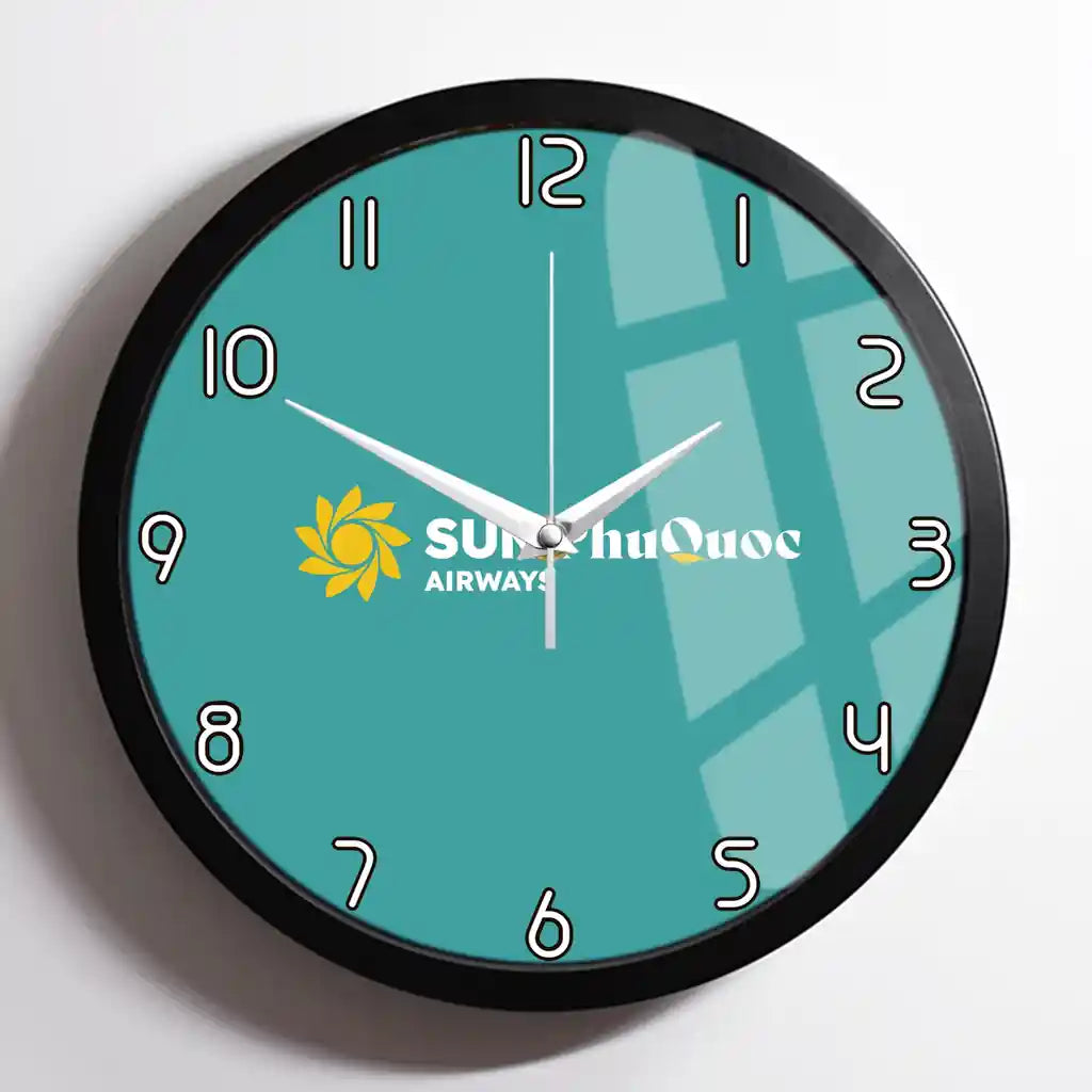 Sun Phu Quoc Airways design on turquoise framed wall clock