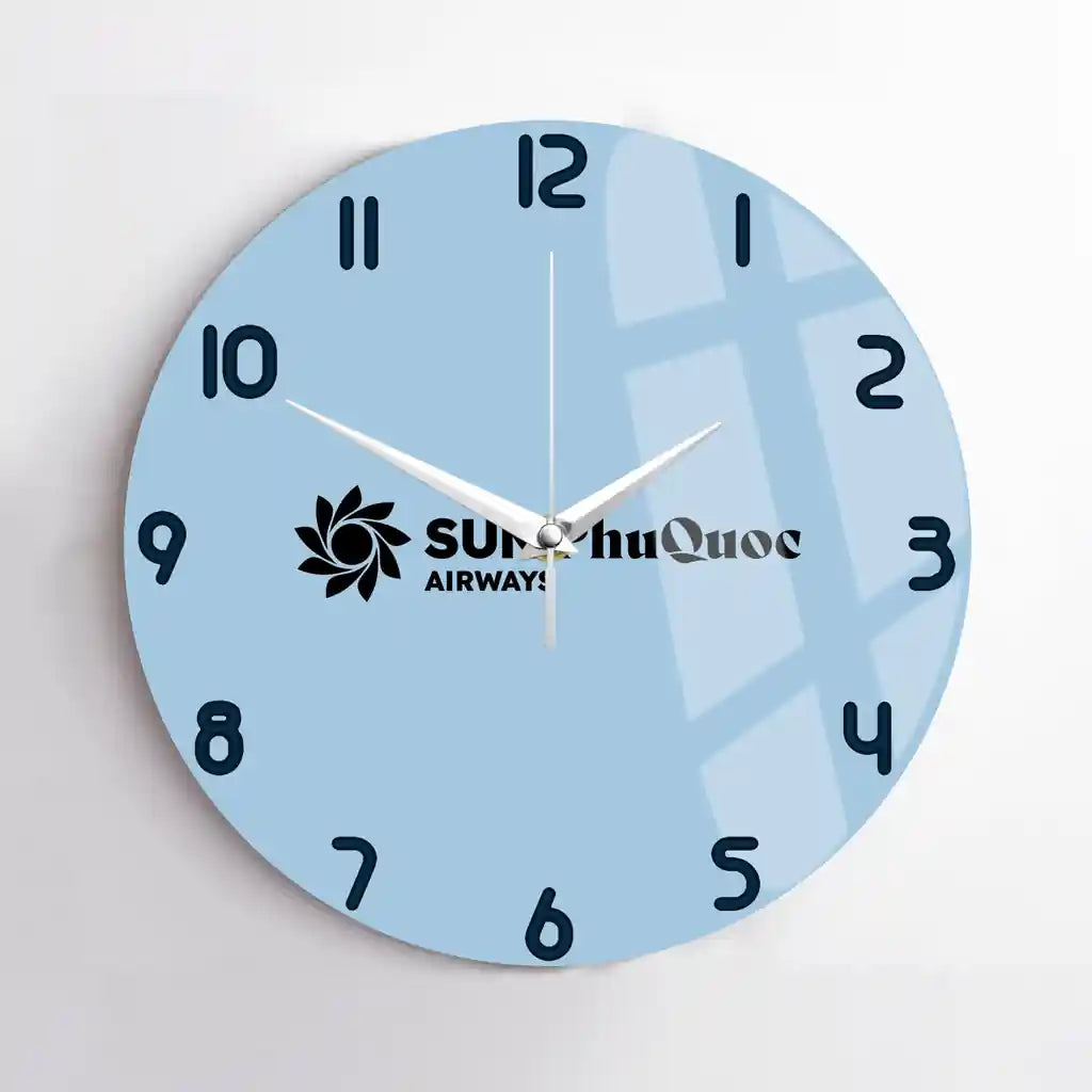 Sun Phu Quoc Airways design on light blue no frame wall clock