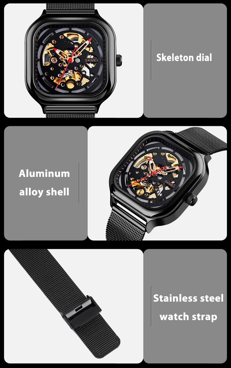 Fully Automatic Mechanical Watch Waterproof Square Stainless Steel Mesh Strap