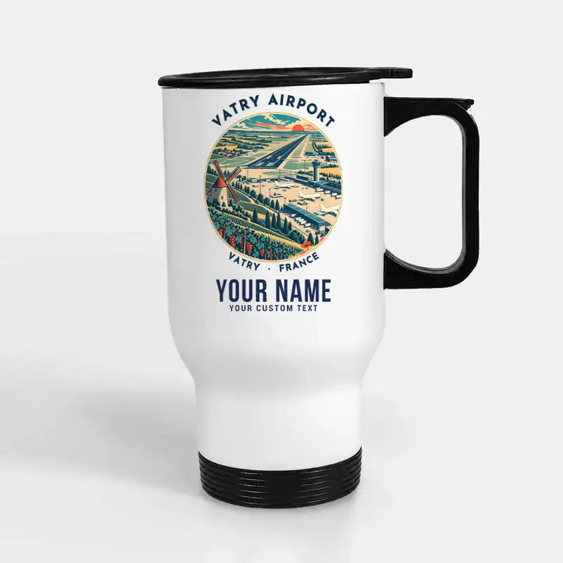 Châlons-Vatry Airport (XCR) Travel Mugs - Badge + Name - Stainless Steel with Holder - White