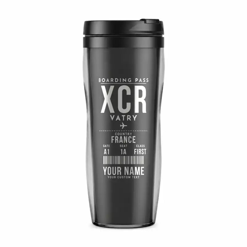 Châlons-Vatry Airport (XCR) Travel Mugs - Boarding Pass + Name - Plastic (No Holder) - Gray