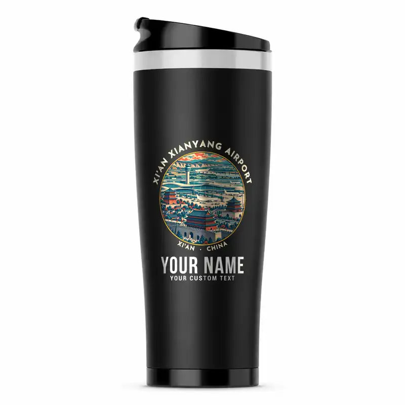 Xi'an Xianyang International Airport (XIY) Travel Mugs - Badge + Name - Stainless Steel (No Holder) - Black