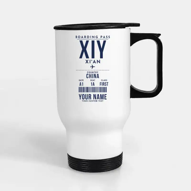 Xi'an Xianyang International Airport (XIY) Travel Mugs - Boarding Pass + Name - Stainless Steel with Holder - White