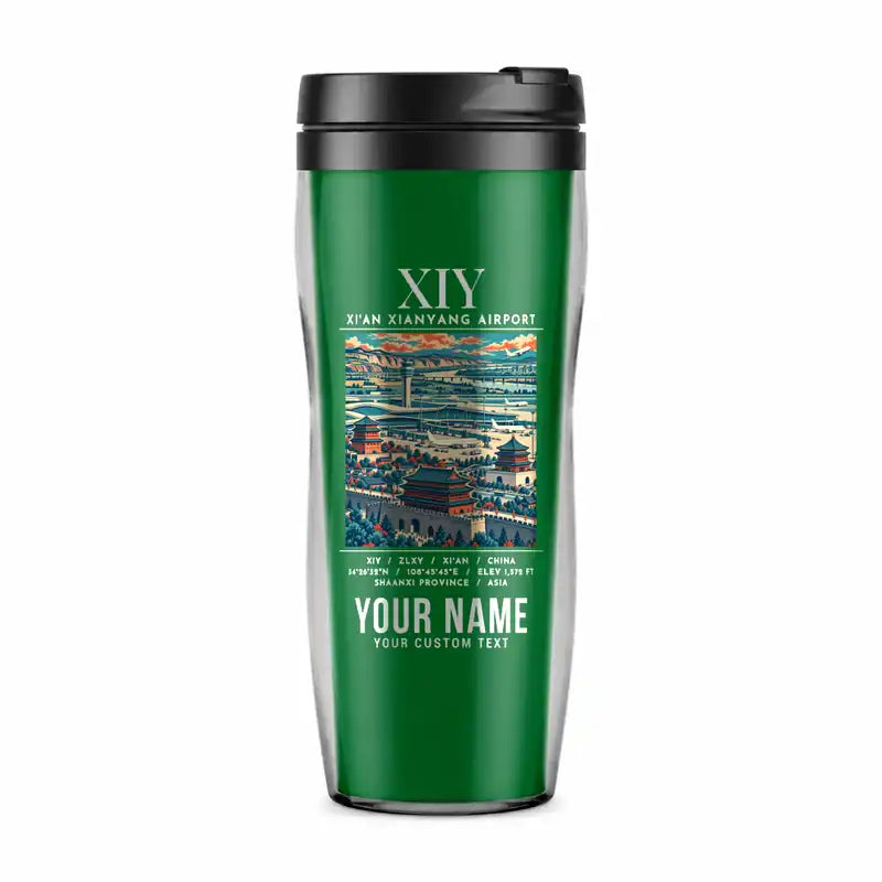 Xi'an Xianyang International Airport (XIY) Travel Mugs - Poster + Name - Plastic (No Holder) - Green