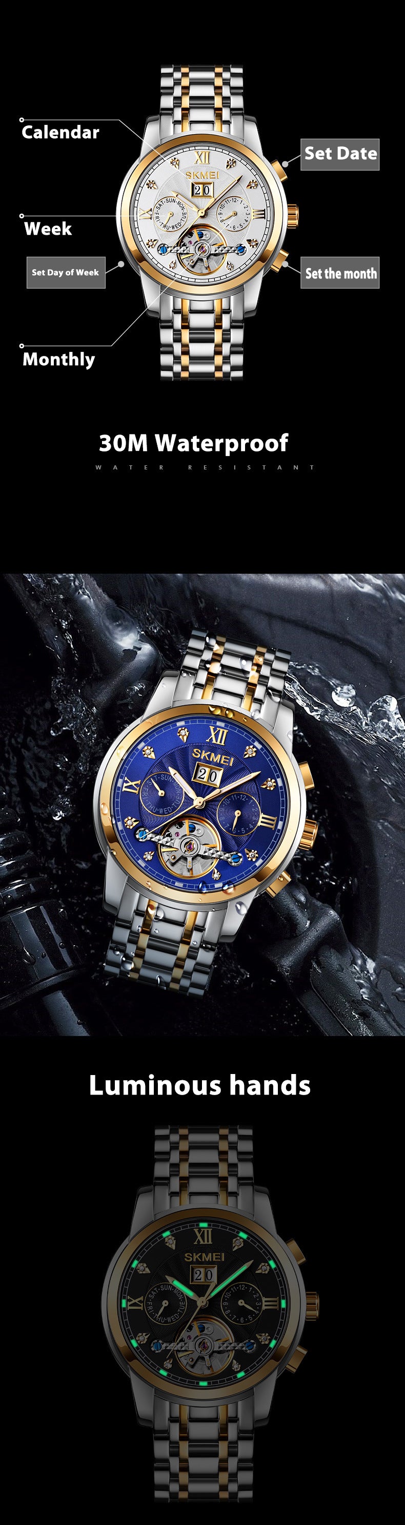 Luminous Fashion Casual Round Single Folding Buckle Mechanical Watch
