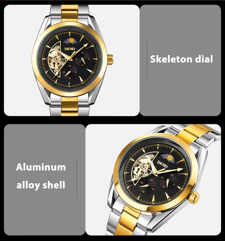 Fully Automatic Mechanical Moon Phase Hollow Bottom Waterproof Watch