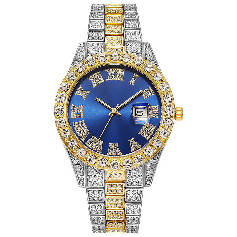 Steel Strap Roman Rhinestone Calendar Quartz Watch Fashion Male Wristwatch