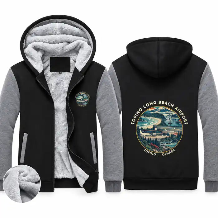 Tofino Long Beach Airport (YAZ) Zipped Sweatshirts - Badge - Black & Gray