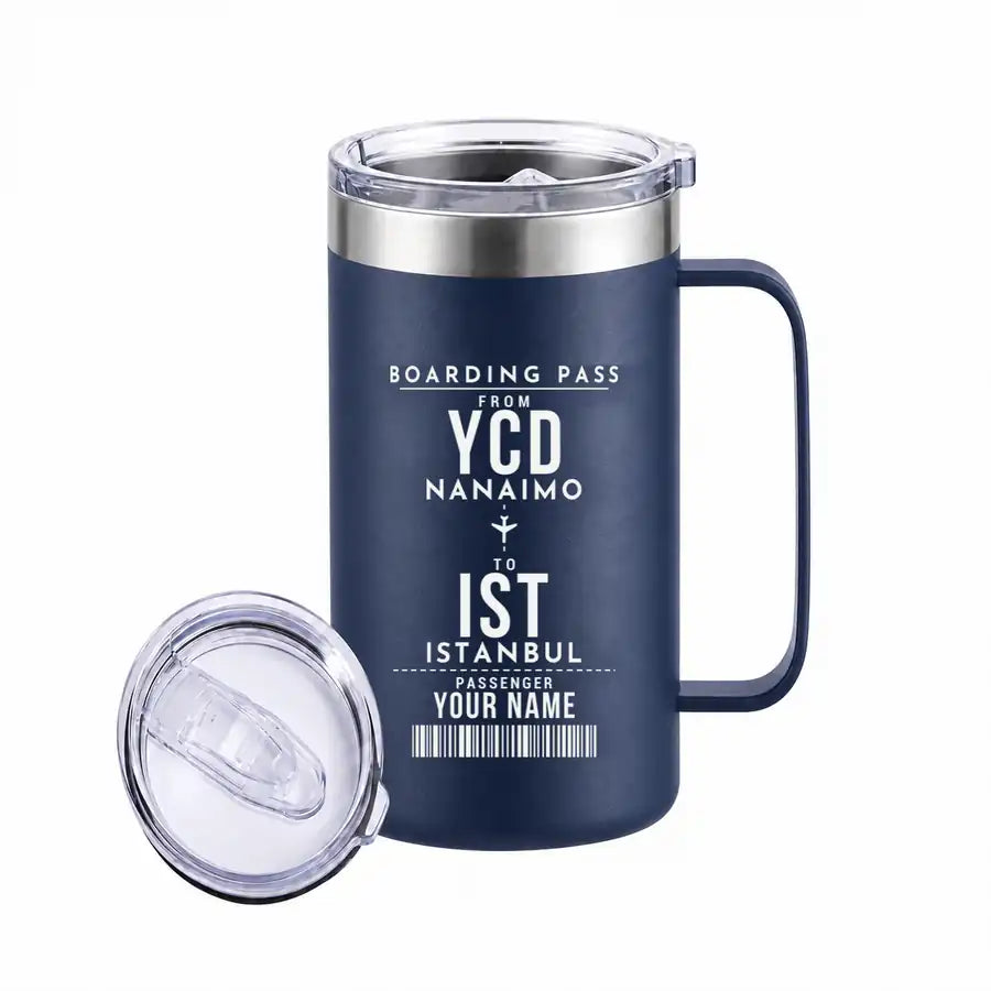 Nanaimo Airport (YCD) Stainless Steel Mugs - Customizable Boarding Pass - Stainless Steel Mug - 24 oz / 700ML - Navy Blue