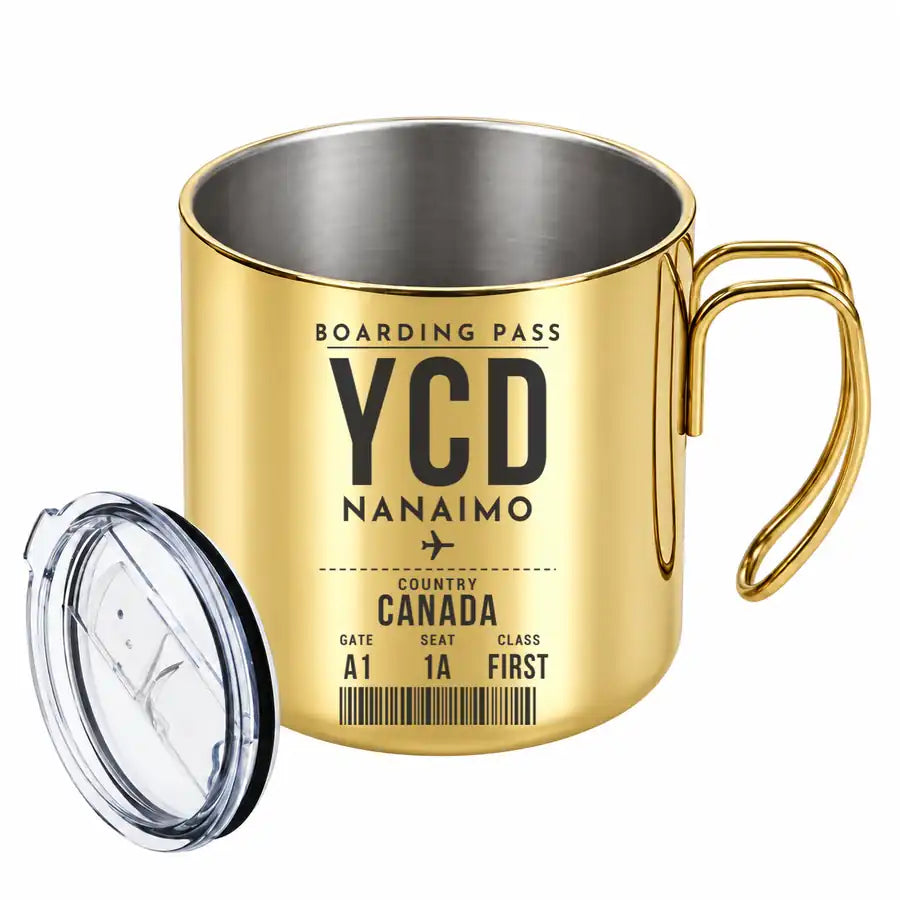 Nanaimo Airport (YCD) Stainless Steel Mugs - Boarding Pass - Portable Mug - Gold