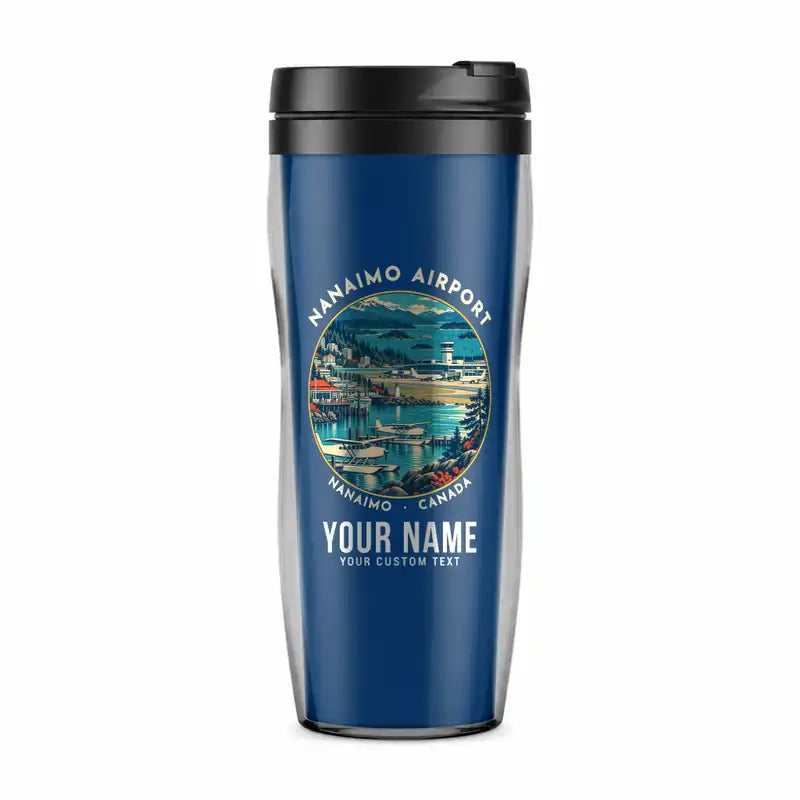 Nanaimo Airport (YCD) Travel Mugs - Badge + Name - Plastic (No Holder) - Blue