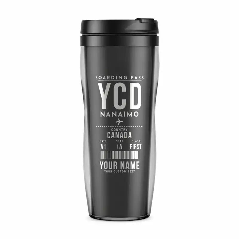 Nanaimo Airport (YCD) Travel Mugs - Boarding Pass + Name - Plastic (No Holder) - Gray