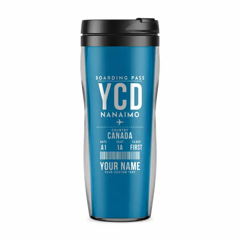 Nanaimo Airport (YCD) Travel Mugs - Boarding Pass + Name - Plastic (No Holder) - Light Blue