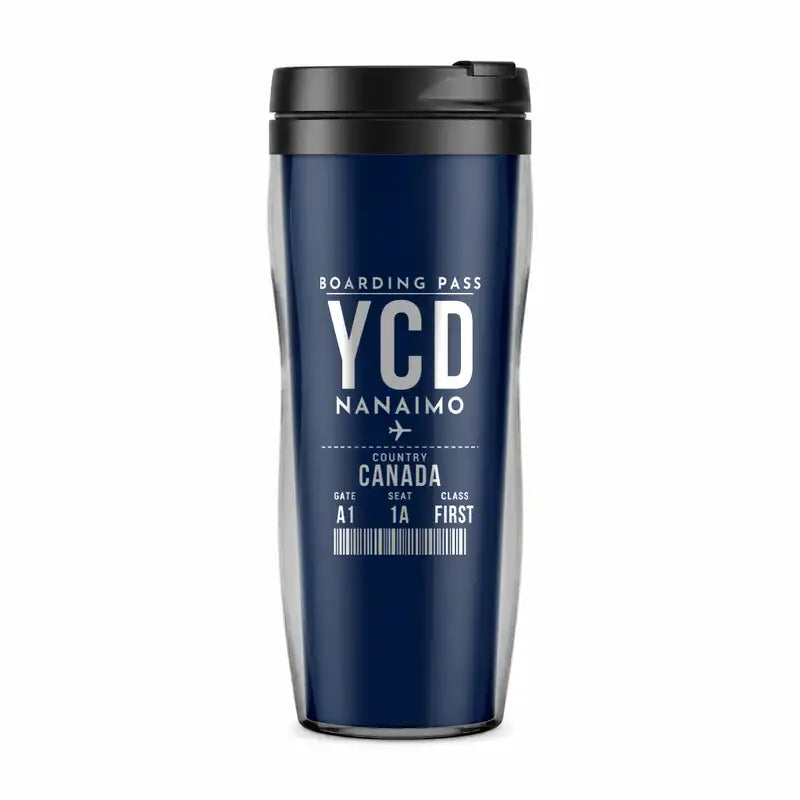 Nanaimo Airport (YCD) Travel Mugs - Boarding Pass - Plastic (No Holder) - Dark Blue