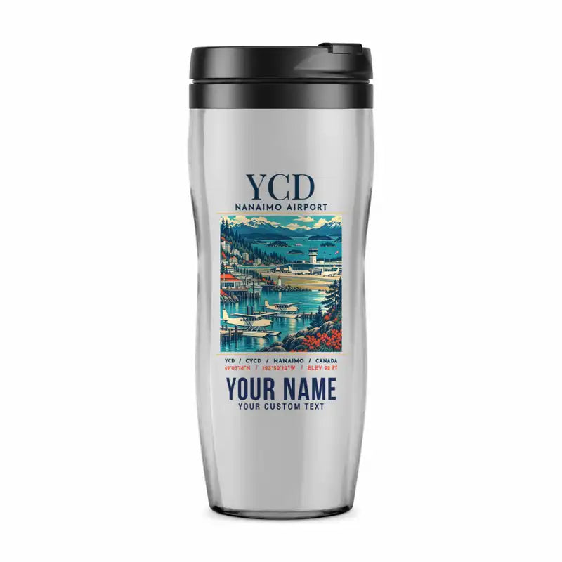 Nanaimo Airport (YCD) Travel Mugs - Poster + Name - Plastic (No Holder) - Light Gray