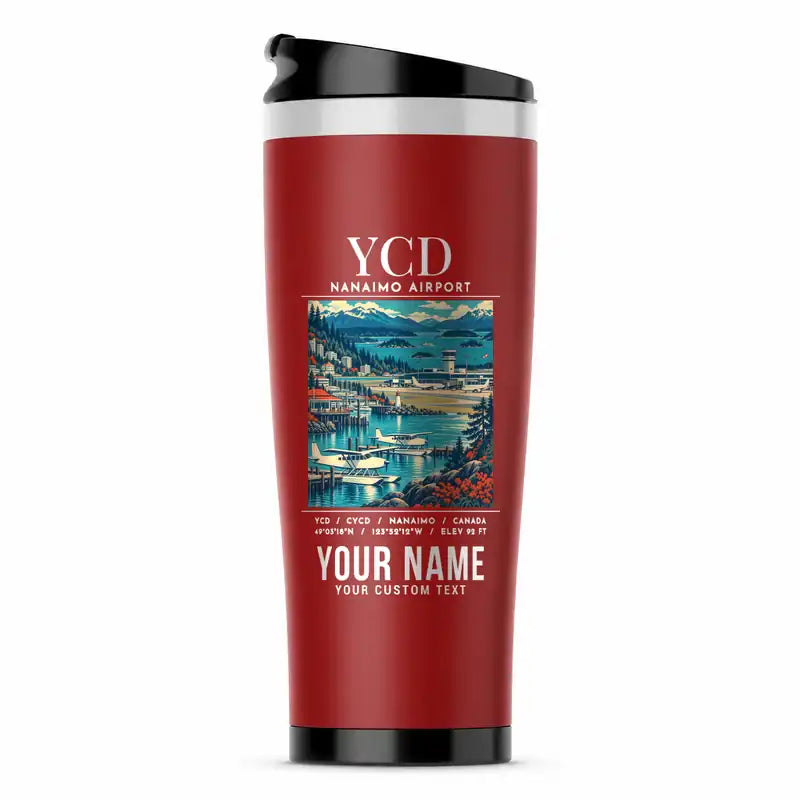 Nanaimo Airport (YCD) Travel Mugs - Poster + Name - Stainless Steel (No Holder) - Red