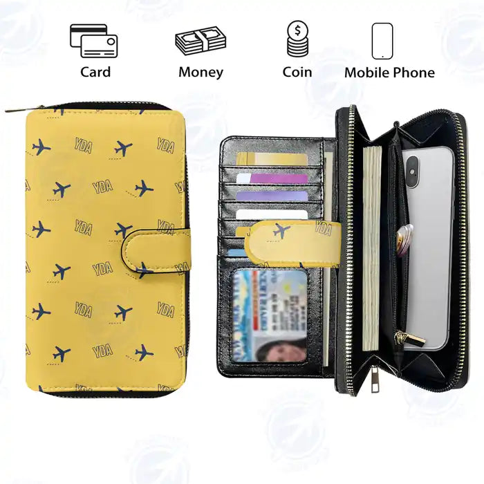 Dawson City Airport (YDA) Leather Wallets - Zip Long Wallet - Pattern - Yellow