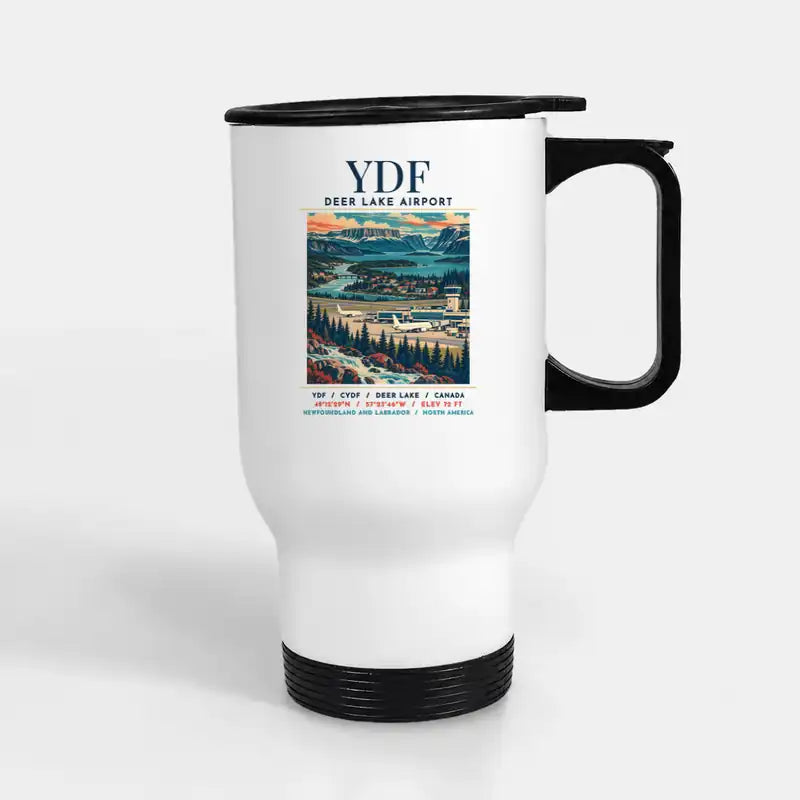 Deer Lake Regional Airport (YDF) Travel Mugs - Poster - Stainless Steel with Holder - White