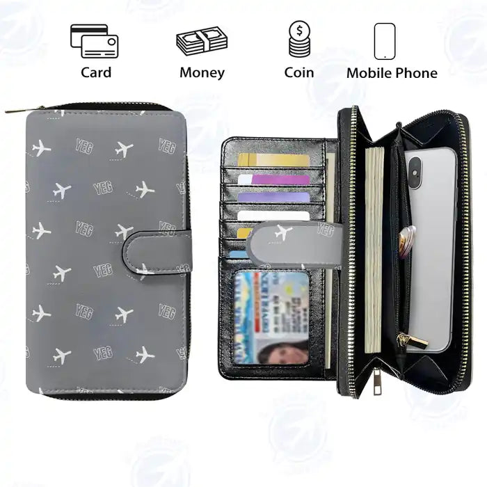Edmonton International Airport (YEG) Leather Wallets - Zip Long Wallet - Pattern - Gray