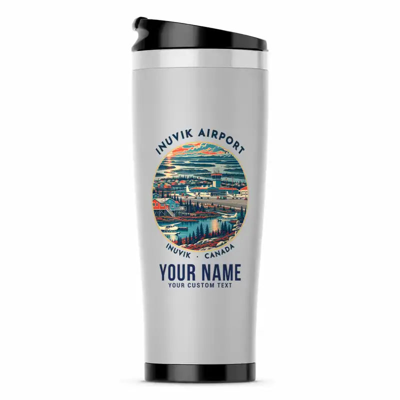 Inuvik (Mike Zubko) Airport (YEV) Travel Mugs - Badge + Name - Stainless Steel (No Holder) - Light Gray