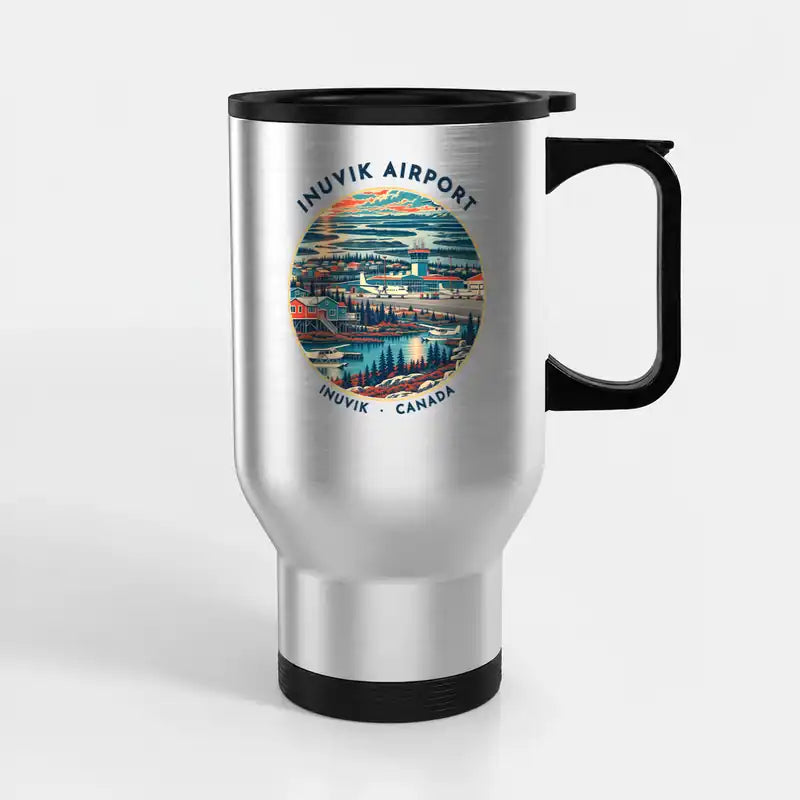 Inuvik (Mike Zubko) Airport (YEV) Travel Mugs - Badge - Stainless Steel with Holder - Silver
