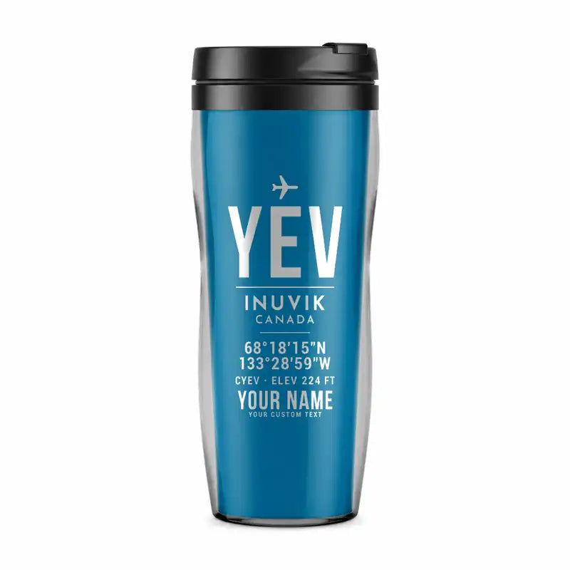 Inuvik (Mike Zubko) Airport (YEV) Travel Mugs - ID Tag + Name - Plastic (No Holder) - Light Blue
