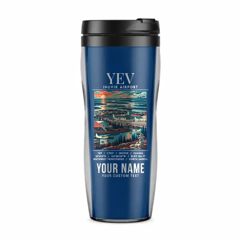 Inuvik (Mike Zubko) Airport (YEV) Travel Mugs - Poster + Name - Plastic (No Holder) - Blue