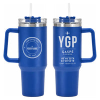 Thumbnail for Gaspé Michel-Pouliot Airport (YGP) Stainless Steel Mugs - ID Tag + Custom Back - 40oz Car Mug - Blue