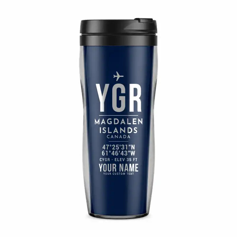 Magdalen Islands Airport (YGR) Travel Mugs - ID Tag + Name - Plastic (No Holder) - Dark Blue