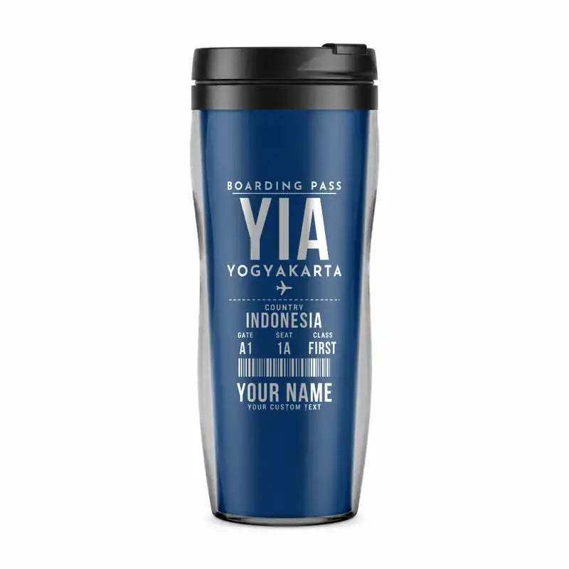 Yogyakarta International Airport (YIA) Travel Mugs - Boarding Pass + Name - Plastic (No Holder) - Blue