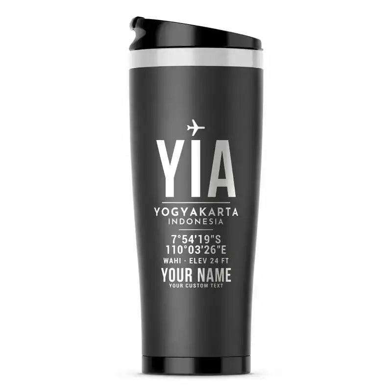 Yogyakarta International Airport (YIA) Travel Mugs - ID Tag + Name - Stainless Steel (No Holder) - Gray