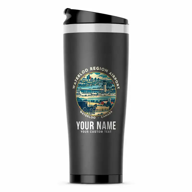 Waterloo Region International Airport (YKF) Travel Mugs - Badge + Name - Stainless Steel (No Holder) - Gray