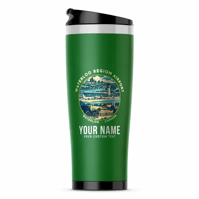 Waterloo Region International Airport (YKF) Travel Mugs - Badge + Name - Stainless Steel (No Holder) - Green