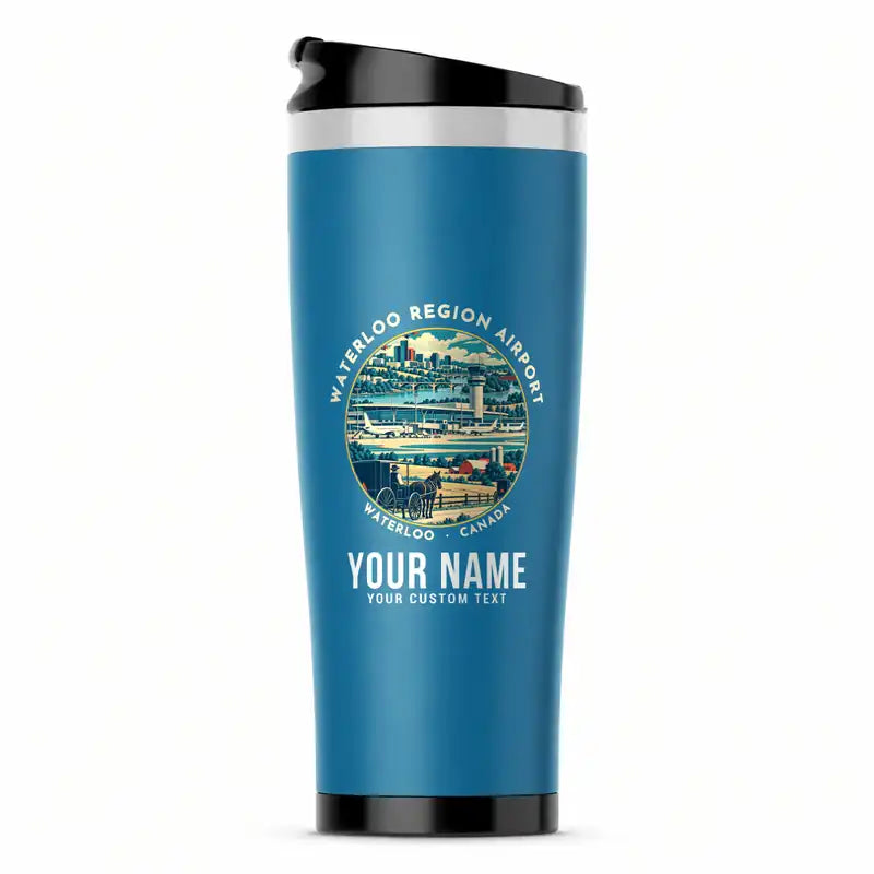 Waterloo Region International Airport (YKF) Travel Mugs - Badge + Name - Stainless Steel (No Holder) - Light Blue