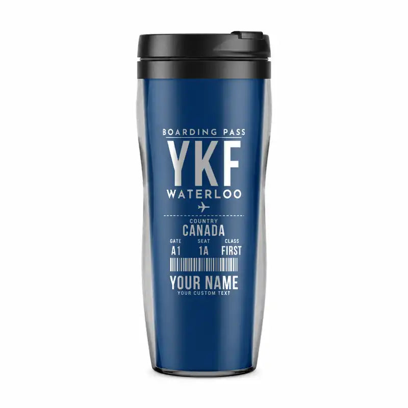 Waterloo Region International Airport (YKF) Travel Mugs - Boarding Pass + Name - Plastic (No Holder) - Blue