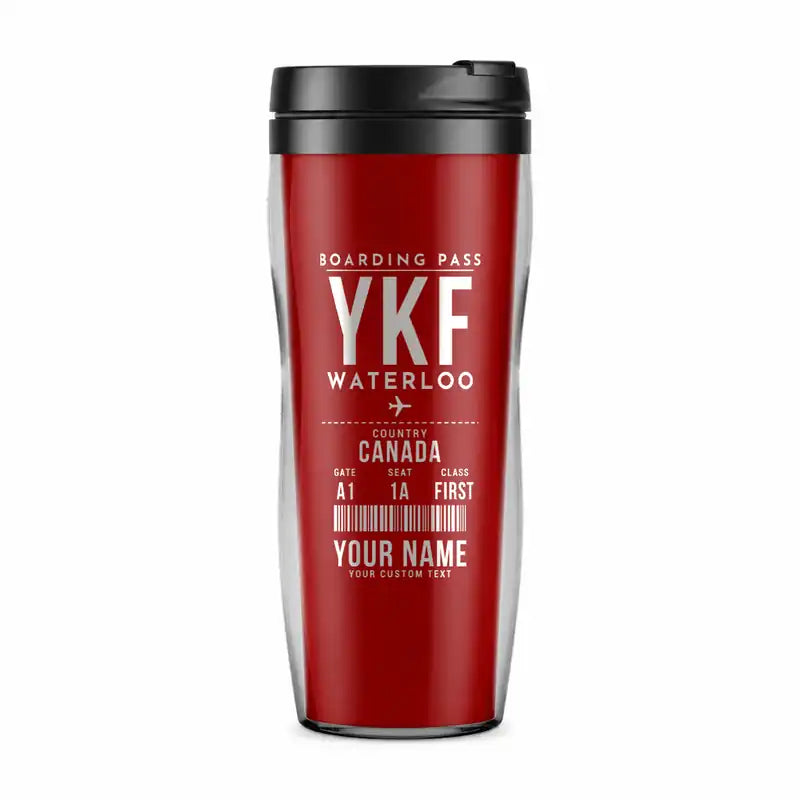 Waterloo Region International Airport (YKF) Travel Mugs - Boarding Pass + Name - Plastic (No Holder) - Red