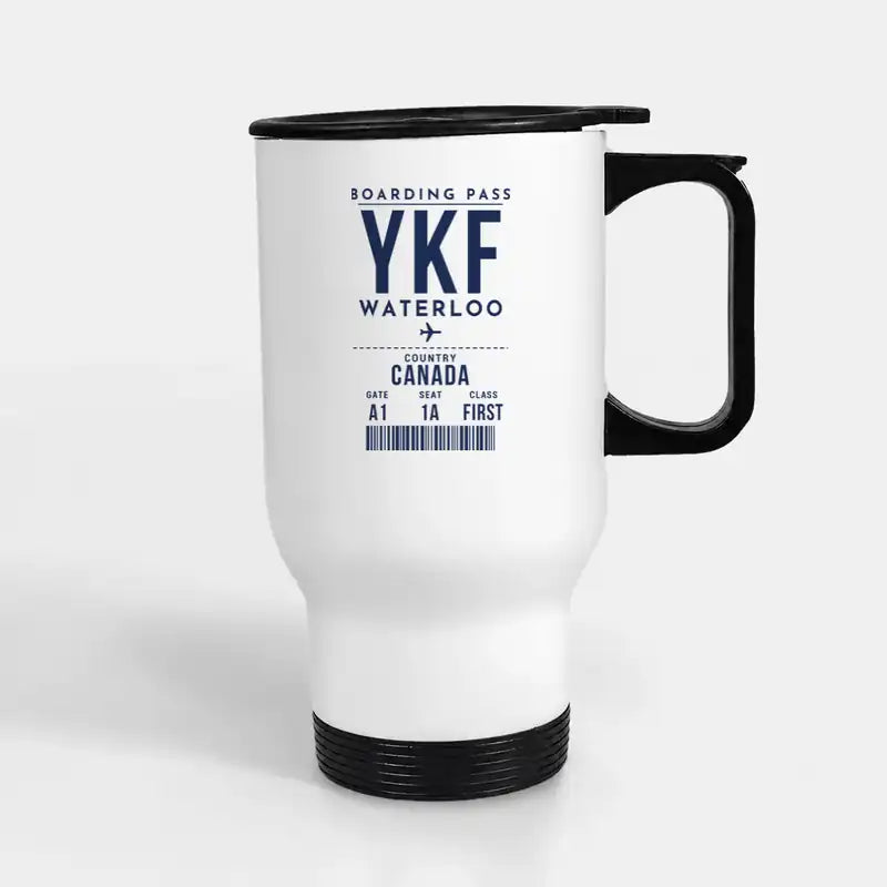 Waterloo Region International Airport (YKF) Travel Mugs - Boarding Pass - Stainless Steel with Holder - White