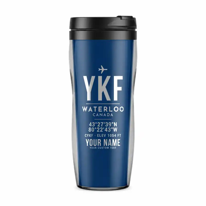 Waterloo Region International Airport (YKF) Travel Mugs - ID Tag + Name - Plastic (No Holder) - Blue