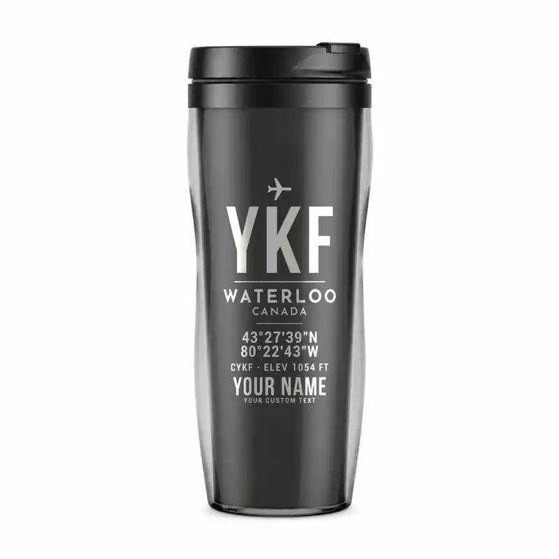 Waterloo Region International Airport (YKF) Travel Mugs - ID Tag + Name - Plastic (No Holder) - Gray