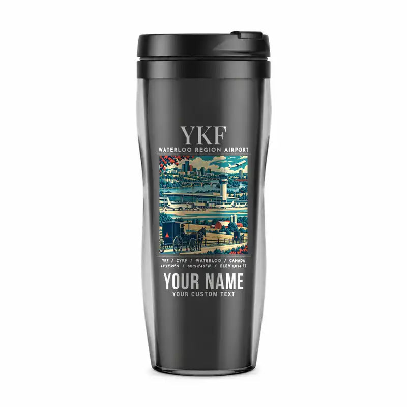 Waterloo Region International Airport (YKF) Travel Mugs - Poster + Name - Plastic (No Holder) - Gray