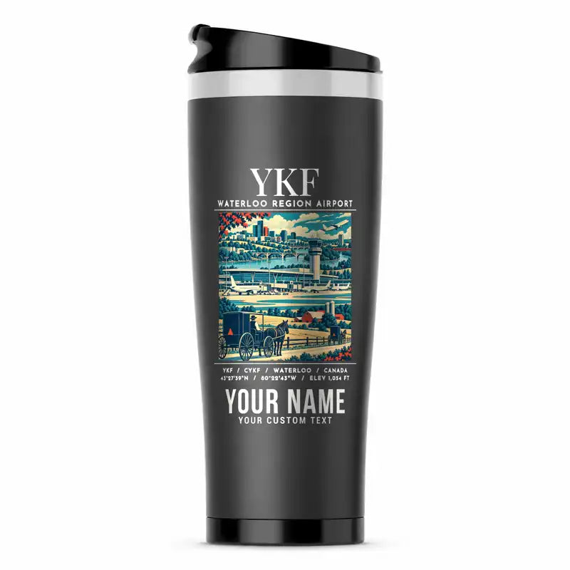 Waterloo Region International Airport (YKF) Travel Mugs - Poster + Name - Stainless Steel (No Holder) - Gray
